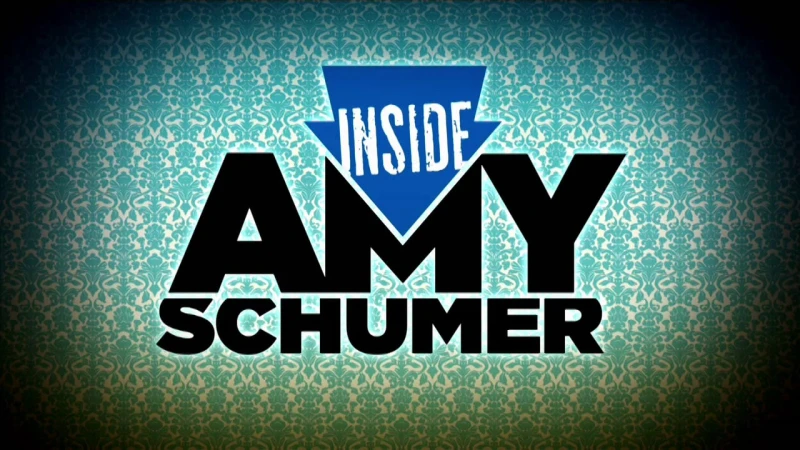 Title graphic for 'Inside Amy Schumer' show featuring bold black text on damask-patterned blue background, framed by soft vignette.