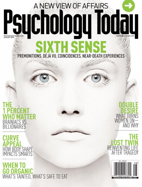 Psychology Today magazine cover featuring a close-up of a woman's face, text headlines in green and white, with a focus on mental health.