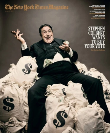 Stephen Colbert sits atop money bags for New York Times Magazine cover, wearing a suit and holding a cigar and cash.