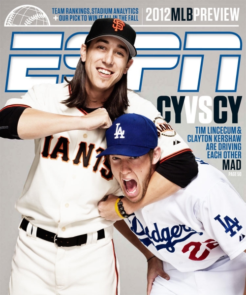 Sports Illustrated cover featuring baseball players Tim Lincecum (Giants) & Clayton Kershaw (Dodgers) in their team uniforms, baseball cap.