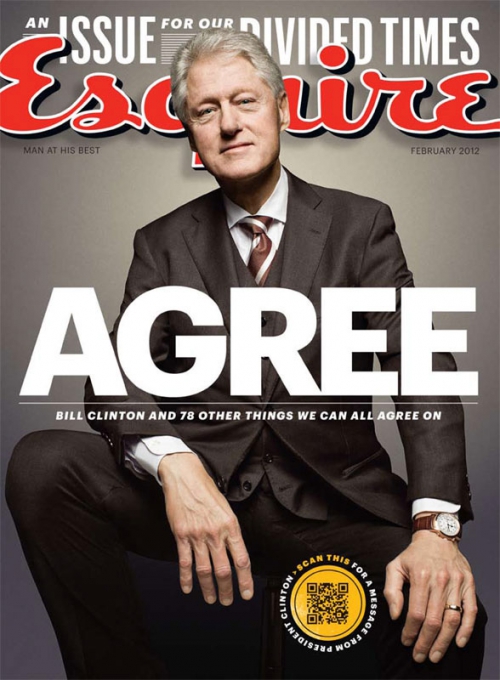 Esquire magazine cover featuring Bill Clinton in a dark suit, posing in front of a taupe background with prominent magazine branding.
