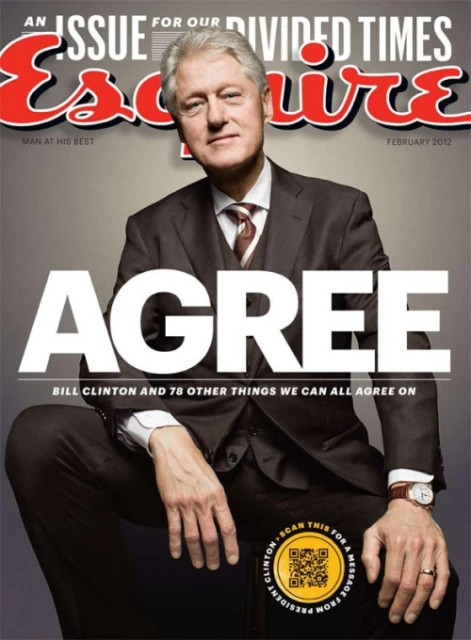 Esquire magazine cover featuring Bill Clinton in a dark suit, posing in front of a taupe background with prominent magazine branding.