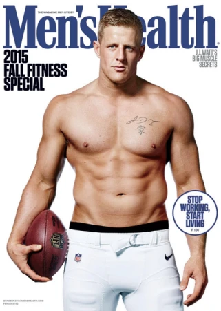 Men's Health magazine cover featuring a shirtless, muscular man holding a football in a photo studio with bright, neutral lighting.