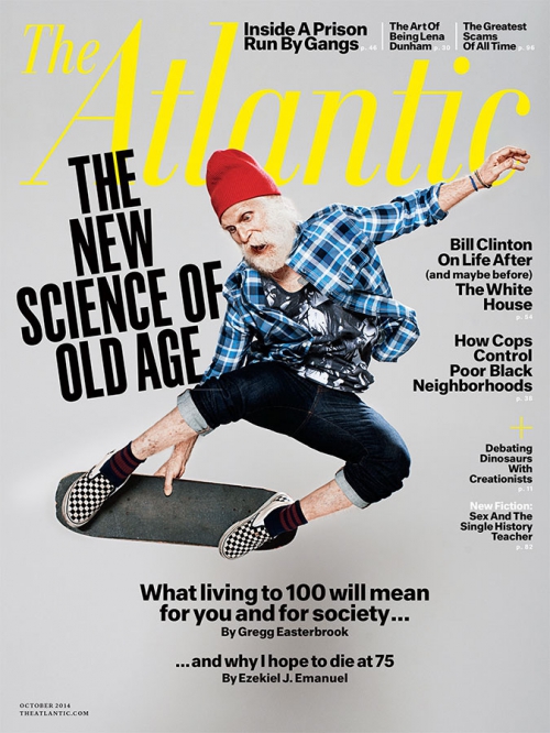 The Atlantic magazine cover featuring an elderly man in a red hat skateboarding, promoting an article about the science of old age.