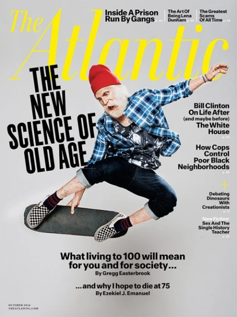 The Atlantic magazine cover featuring an elderly man in a red hat skateboarding, promoting an article about the science of old age.