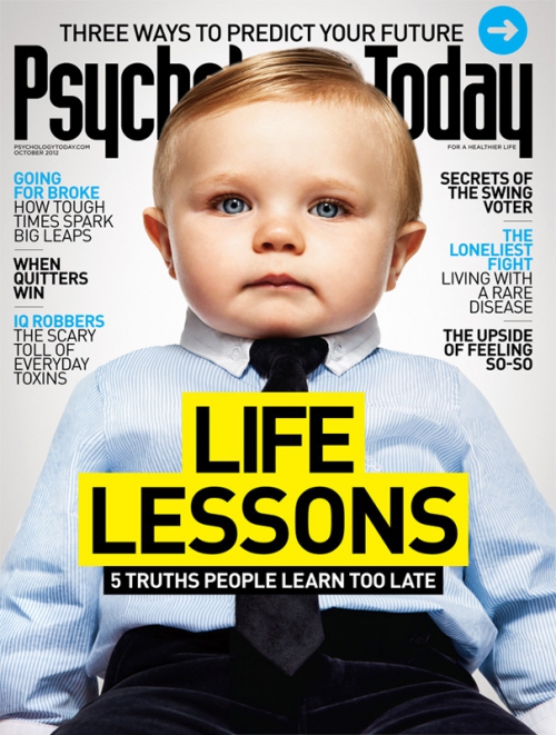 Magazine cover featuring a baby wearing a shirt and tie, overlaid with the title 'Psychology Today' and text about life lessons.