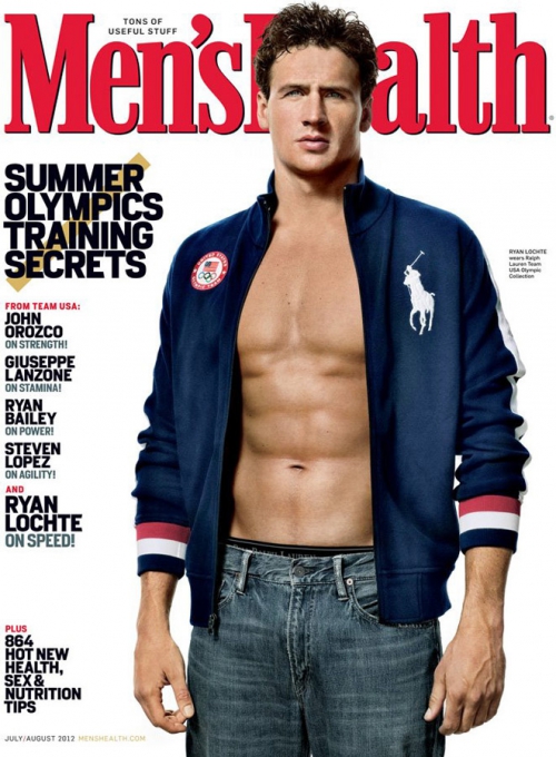 Men's Health magazine cover featuring Ryan Lochte, Olympic swimmer, wearing a blue athletic jacket and jeans on a white background.