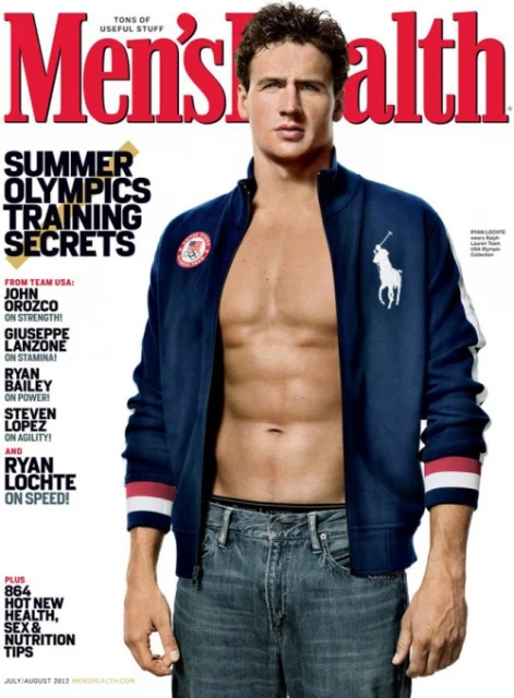 Men's Health magazine cover featuring Ryan Lochte, Olympic swimmer, wearing a blue athletic jacket and jeans on a white background.