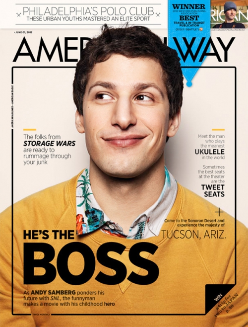 Magazine cover featuring a portrait of Andy Samberg, the entertainer, wearing a yellow sweater with a patterned shirt collar underneath.