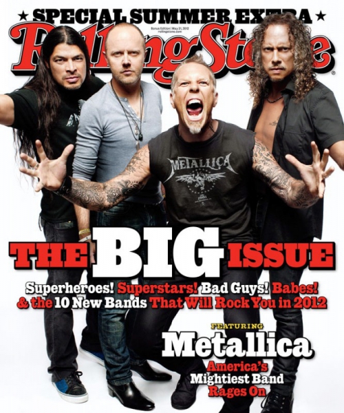 Rolling Stone magazine cover featuring Metallica: four adult males posing together with the lead singer screaming in the foreground.