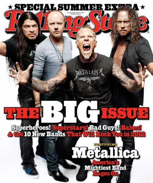 Rolling Stone magazine cover featuring Metallica: four adult males posing together with the lead singer screaming in the foreground.