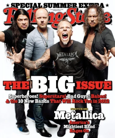 Rolling Stone magazine cover featuring Metallica: four adult males posing together with the lead singer screaming in the foreground.