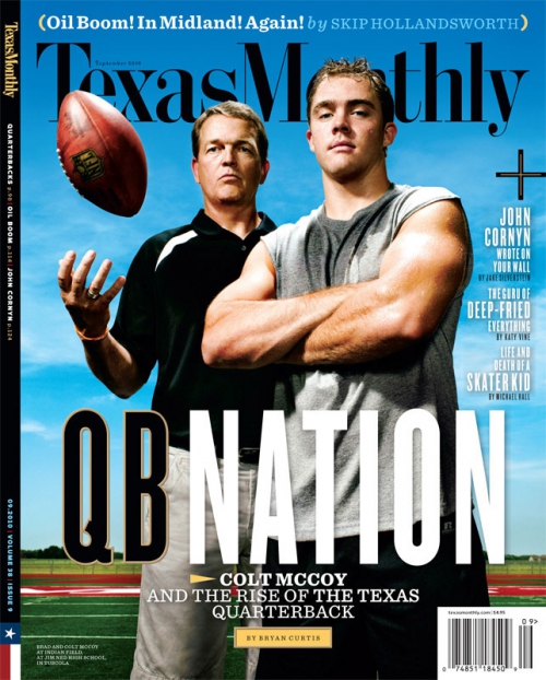Texas Monthly magazine cover featuring two men and a football. Magazine cover includes the title 'QB Nation' and smaller article blurbs.