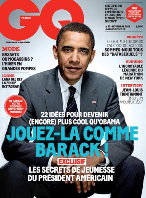 GQ France magazine cover featuring Barack Obama in a suit and tie, with overlaid text in French and English, and the GQ logo.