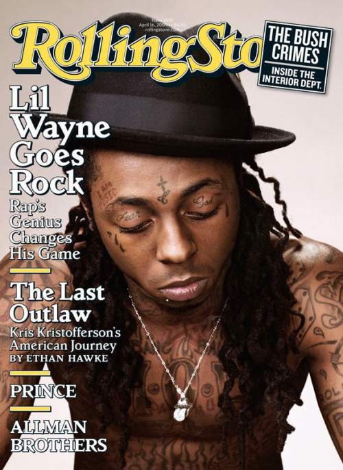 Rolling Stone magazine cover featuring Lil Wayne in a black hat, tattoos, and silver necklace, photographed indoors with text overlays.