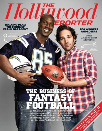 Hollywood Reporter cover featuring an American football player in uniform and Paul Rudd holding an American football.