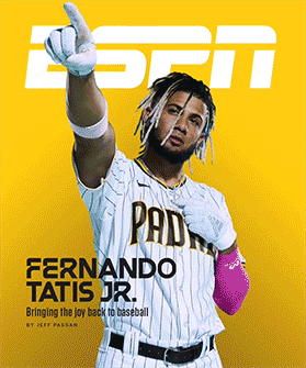 Fernando Tatis Jr. poses in his baseball uniform with a raised index finger against a vibrant yellow background on an ESPN cover.
