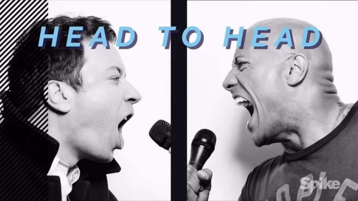 Two men in a split-screen image with microphones. One man is in a suit coat, and the other is in a t-shirt with mouths open.
