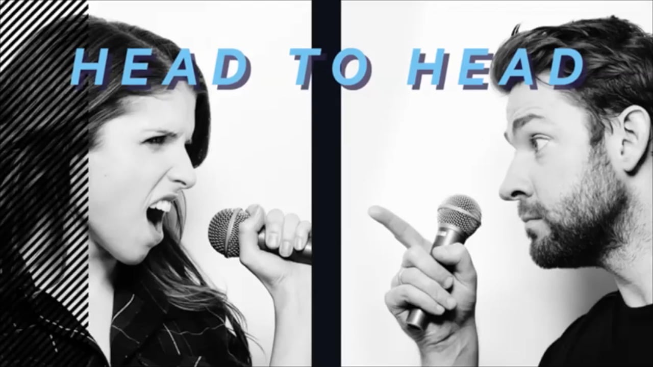 A split screen shows a woman and a man, each singing into microphones under blue "HEAD TO HEAD" text, in a black and white image.