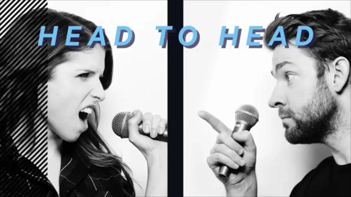 A split screen shows a woman and a man, each singing into microphones under blue "HEAD TO HEAD" text, in a black and white image.