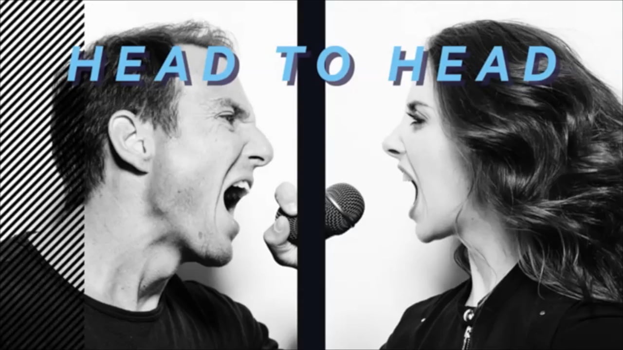 Split-screen image: Man and woman shout into a microphone, dramatic black and white contrast, bold text overlay. Head-to-head concept, vocal performance.