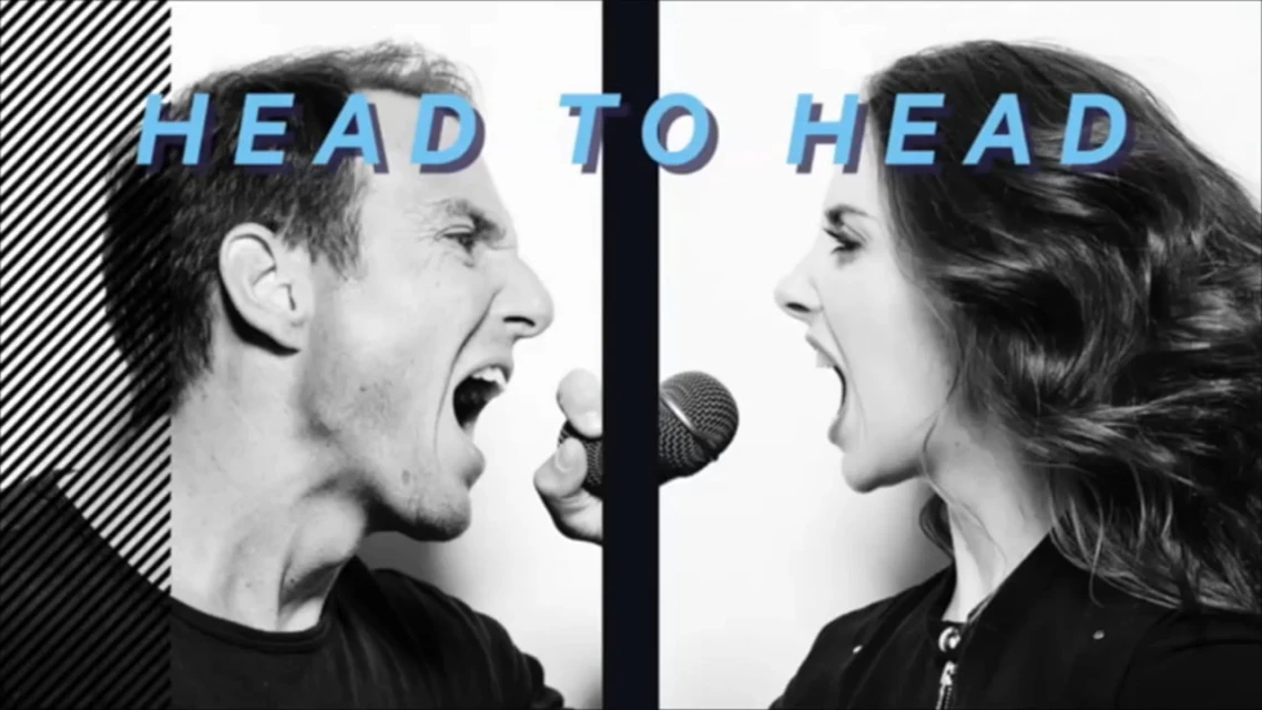 Split-screen image: Man and woman shout into a microphone, dramatic black and white contrast, bold text overlay. Head-to-head concept, vocal performance.