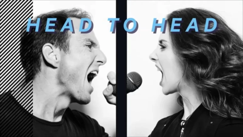 Split-screen image: Man and woman shout into a microphone, dramatic black and white contrast, bold text overlay. Head-to-head concept, vocal performance.
