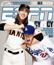 Tim Lincecum and Clayton Kershaw posing together for an ESPN magazine cover against a grey studio backdrop.