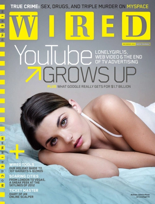 A woman lying on a light blue bed resting her head on her arms for a Wired magazine cover photographed by Peter Yang.