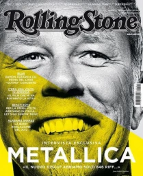 Close-up portrait of James Hetfield on a magazine cover with a geometric yellow graphic overlay across his face.