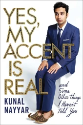Kunal Nayyar wearing a blue suit and embellished jutti shoes seated against a white background with typographic book title overlay
