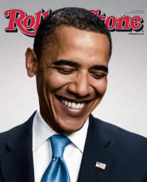 Close-up portrait of Barack Obama smiling while wearing a dark suit jacket, white shirt, and blue patterned tie against grey background.