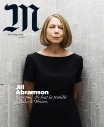 Portrait of Jill Abramson wearing a black short-sleeved dress against a newspaper-covered background