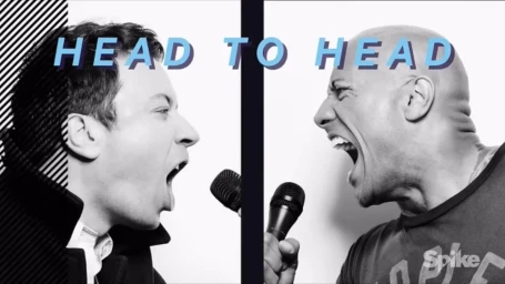 Jimmy Fallon and Dwayne Johnson shouting face to face into microphones in a split-screen black and white portrait.
