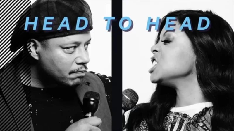 Split-screen black and white portrait of a man and a woman holding microphones with the text HEAD TO HEAD across the top.
