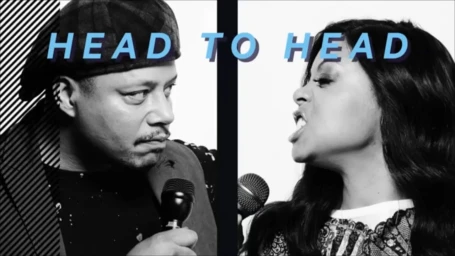Split-screen black and white portrait of a man and a woman holding microphones with the text HEAD TO HEAD across the top.