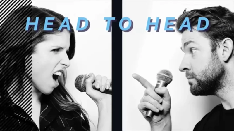 Anna Kendrick and John Krasinski holding microphones in a split screen black and white portrait by Peter Yang