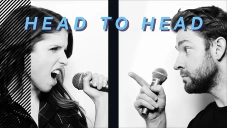 Anna Kendrick and John Krasinski holding microphones in a split screen black and white portrait by Peter Yang