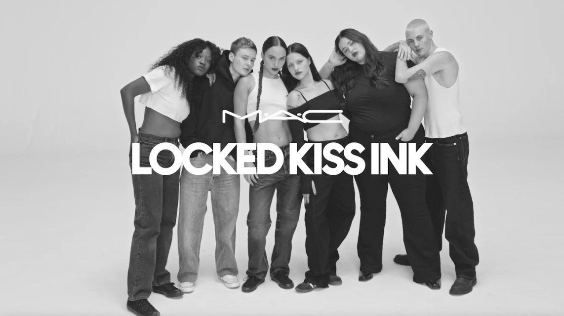 MAC Cosmetics campaign featuring six diverse models in a white setting, showcasing the Locked Kiss Ink product line with bold text overlay.