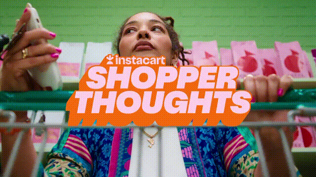 Adult female pushing a shopping cart filled with grocery items, standing in a supermarket, with 'Instacart Shopper Thoughts' text overlay.