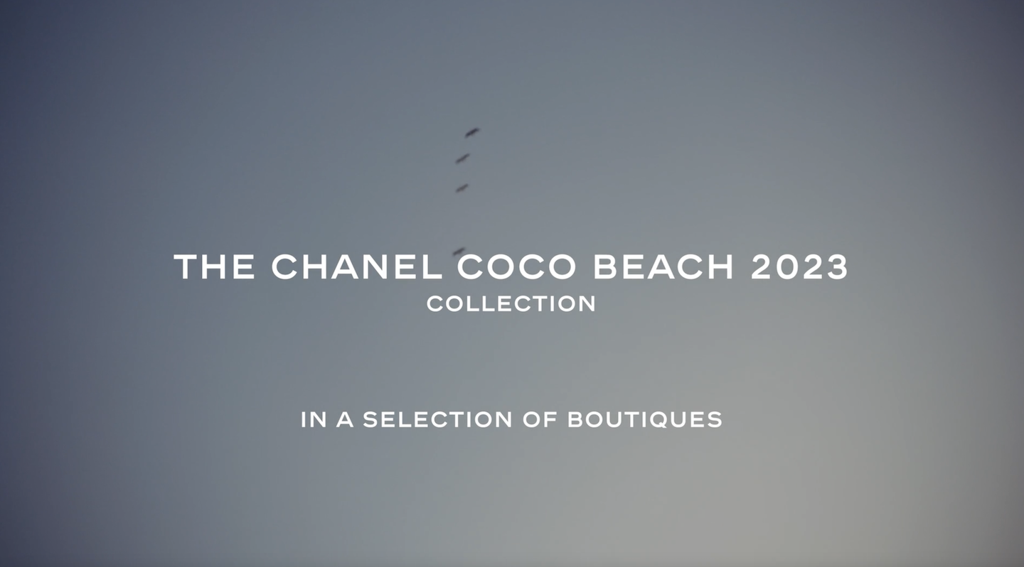 Coco Beach 2023 collection ad against a gradient gray-blue sky backdrop, featuring birds flying and promotional text for a fashion collection.
