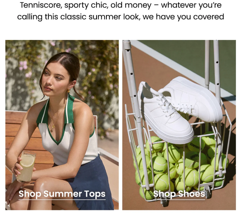 A woman sits outdoors with a drink in a white and green top and a tennis skirt. Next to her are white shoes in a tennis ball cart.