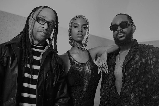 Black and white portrait of three people posing, featuring a woman in a mesh dress flanked by two men in jackets.