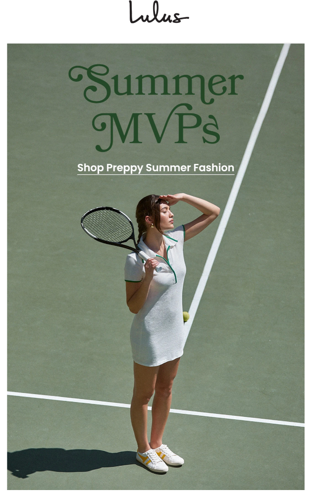 A woman in a white tennis dress holds a racket on a green court, promoting preppy summer fashion by Lulus with the brand's logo.