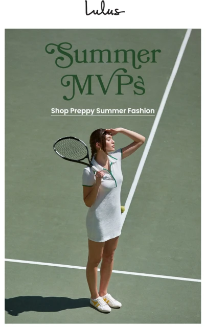 A woman in a white tennis dress holds a racket on a green court, promoting preppy summer fashion by Lulus with the brand's logo.