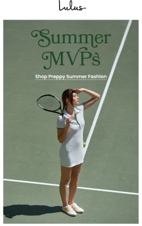 A woman in a white tennis dress holds a racket on a green court, promoting preppy summer fashion by Lulus with the brand's logo.
