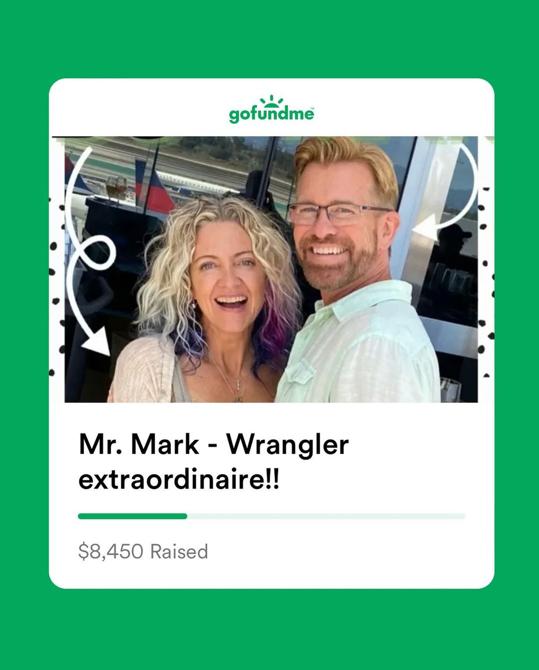 Smiling man and woman posing together outdoors on a sunny day with drawn white arrows pointing toward them