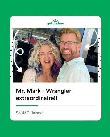 Smiling man and woman posing together outdoors on a sunny day with drawn white arrows pointing toward them