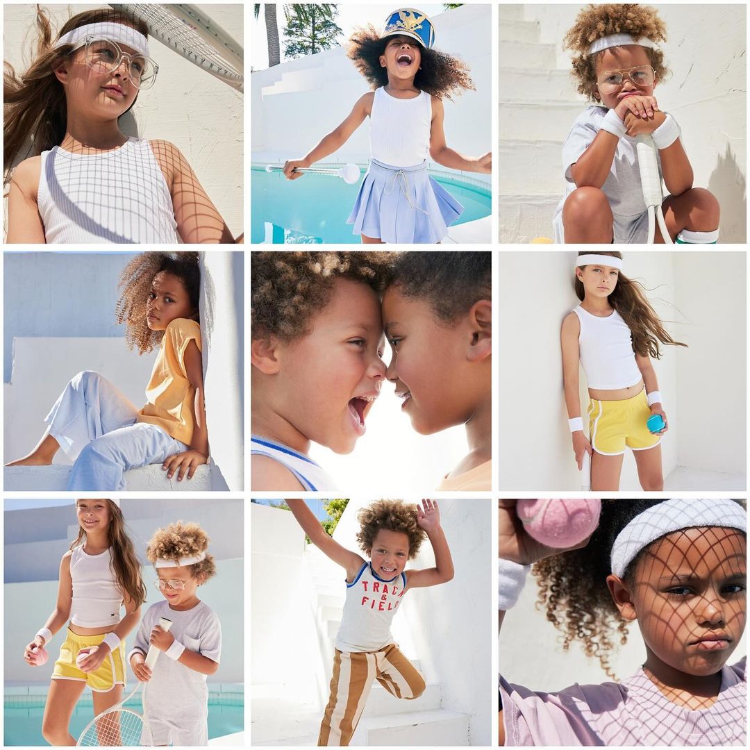 Collage of children wearing casual summer clothing and tennis-themed accessories in outdoor settings with natural lighting.