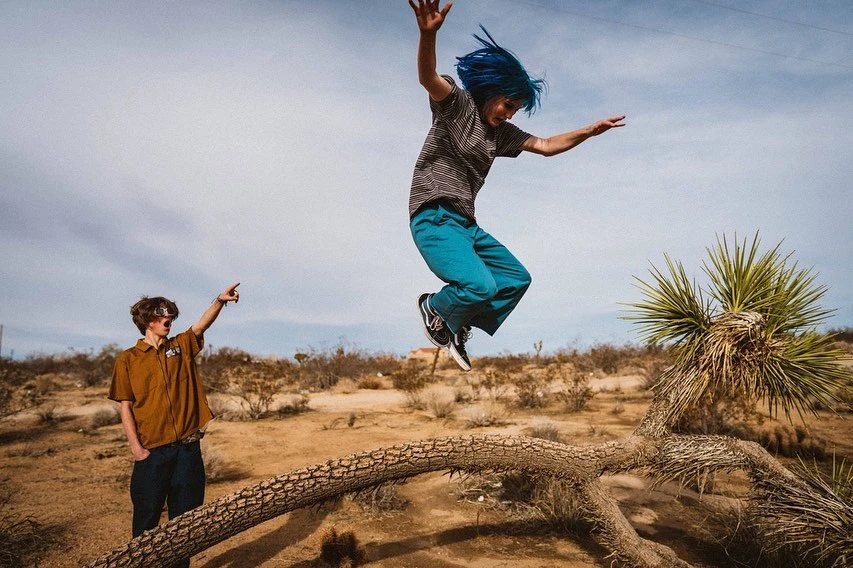 A vibrant photo captures a young adult with dyed blue hair jumping over a fallen tree in a desert landscape, another person watches.